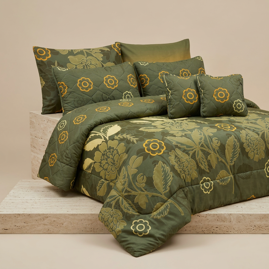 7-Piece Cotton Floral Double Bed Set Green Gold Winter