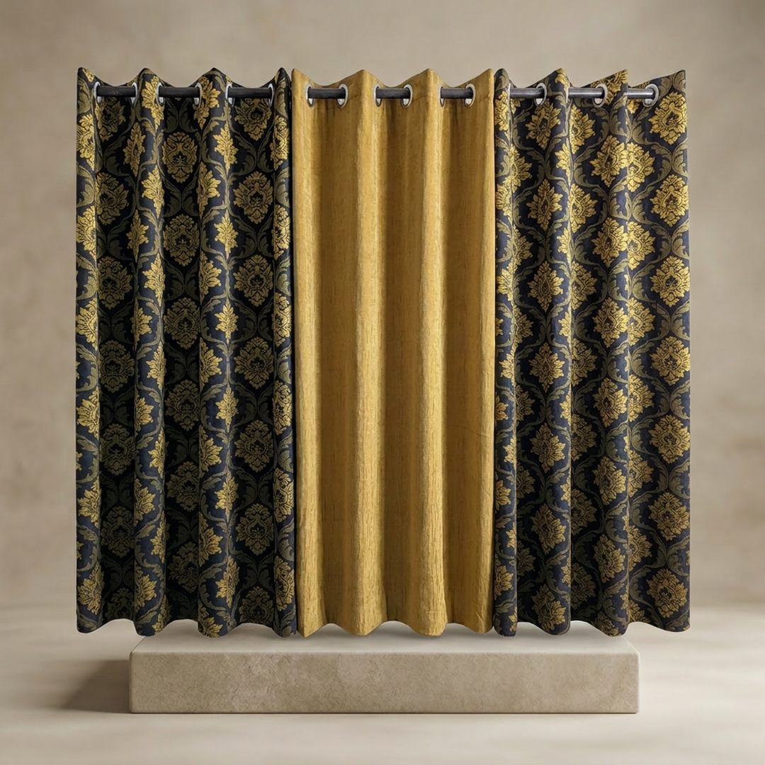 Velvet Jacquard Curtains Navy Gold 3Pc Set