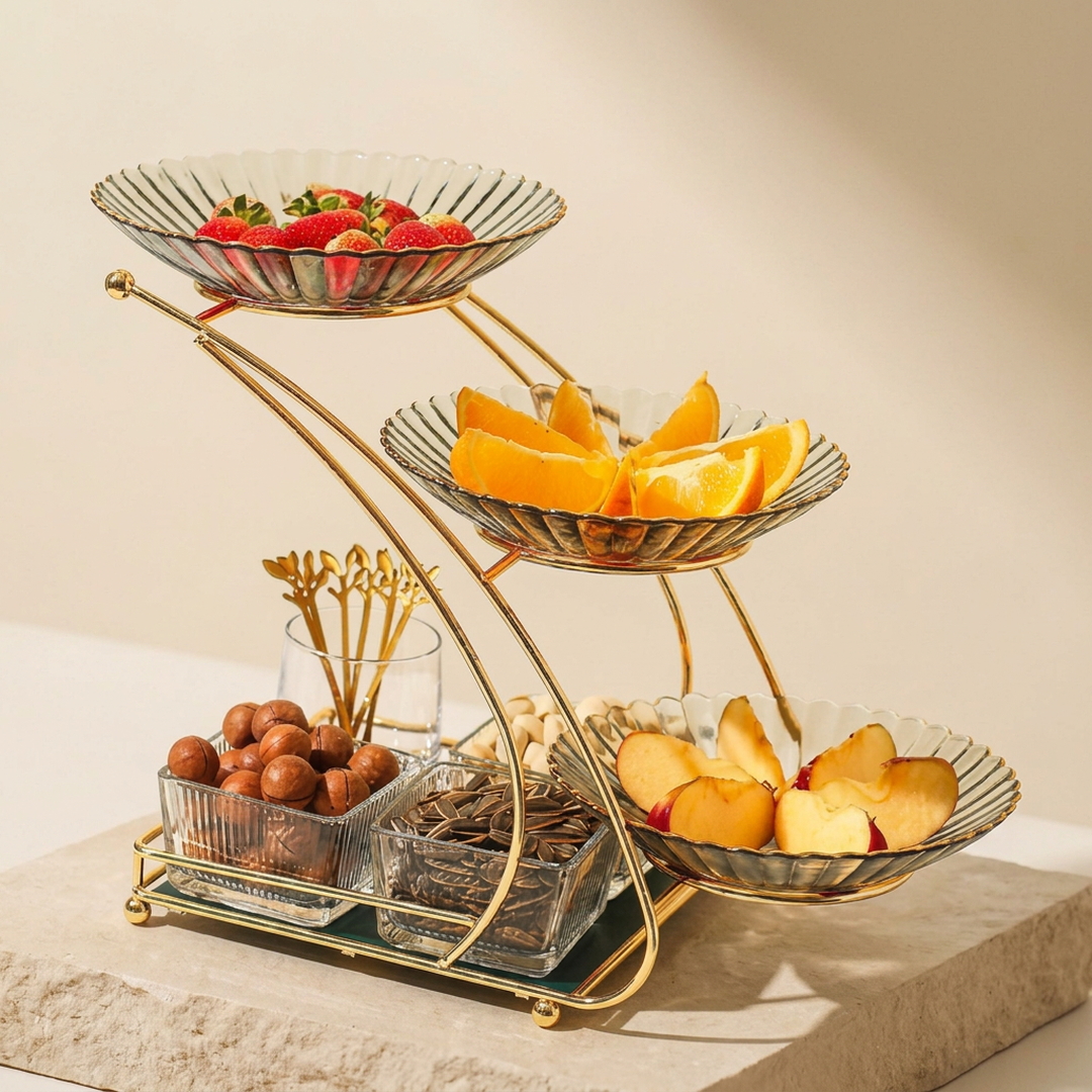 Golden 3-Tier Fruit Serving Stand with Glass Bowls