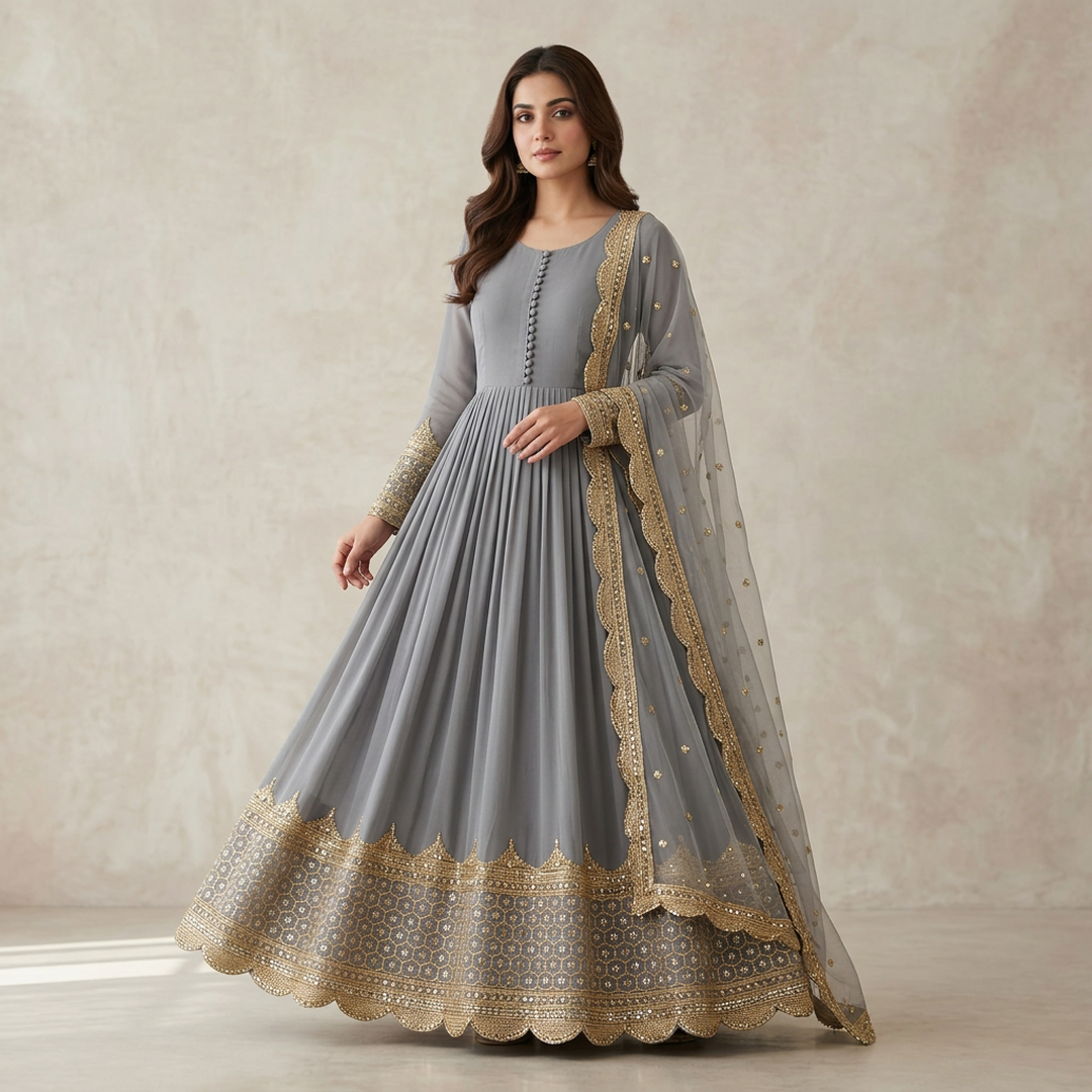 Grey Sequin Embroidered Maxi Set 3pcs with Chiffon Dupatta