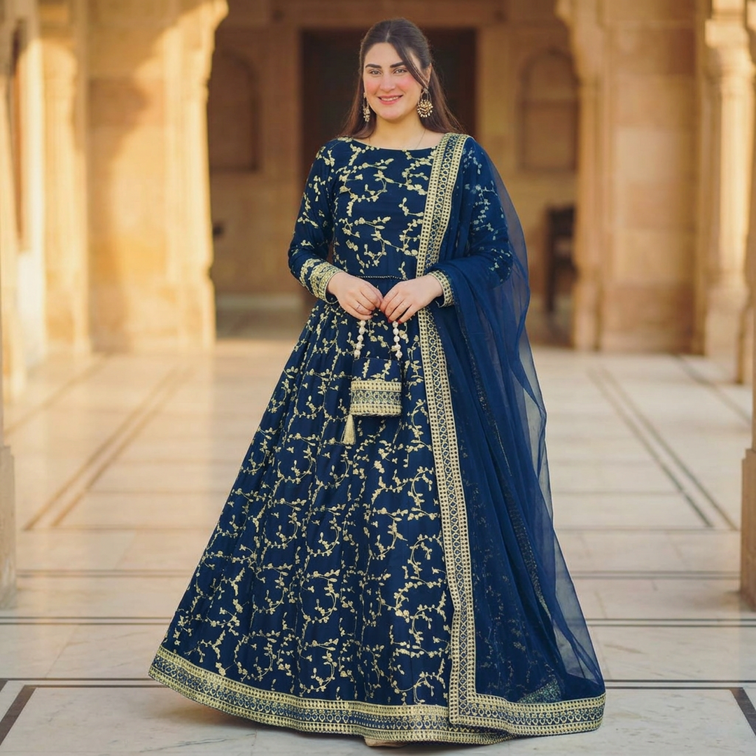 Blue Golden Embroidered 4-Piece Anarkali Set for Eid