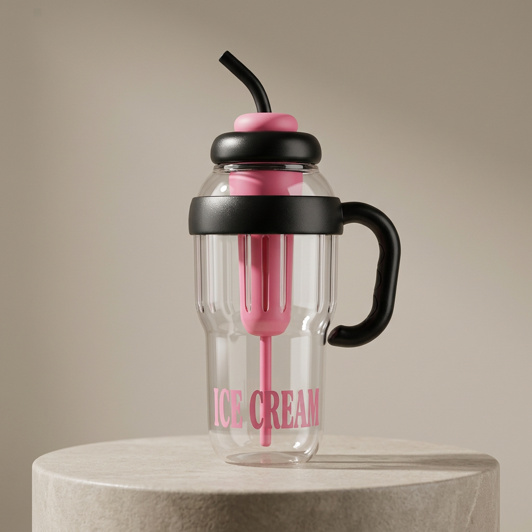 Premium Ice Cream Water Bottle Pink Black ABS