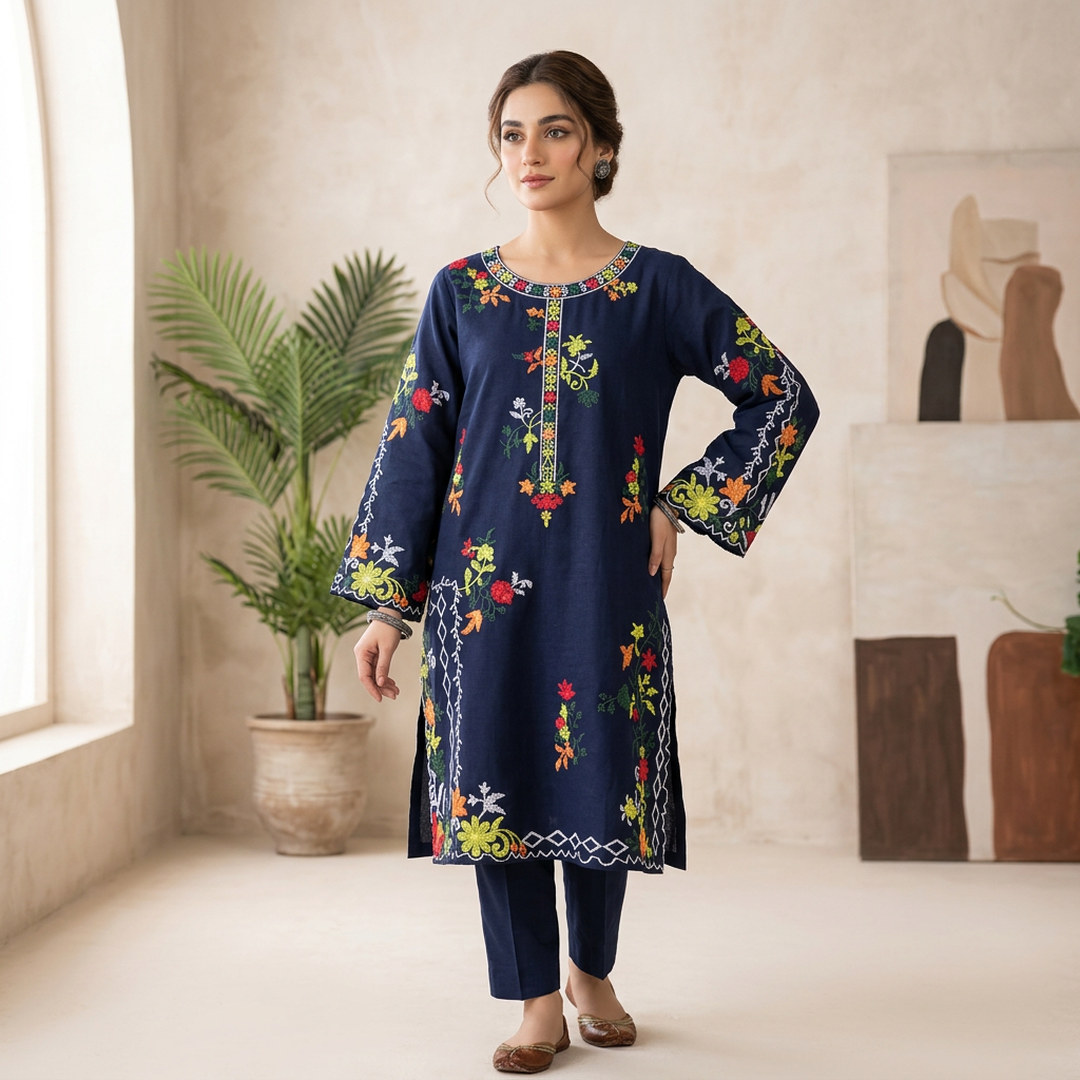 Navy Blue Floral Linen 2-Piece Set for Women