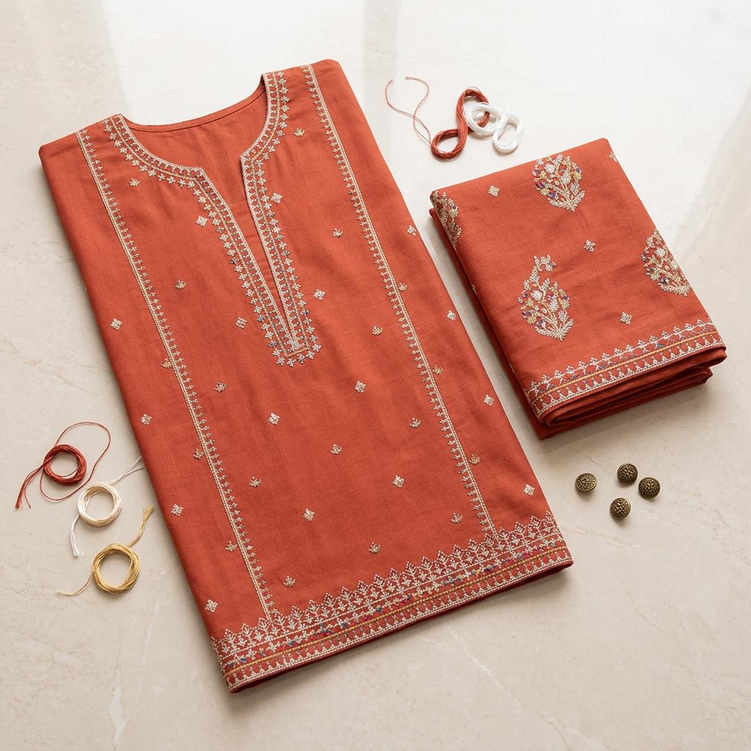 Women Orange Embroidered Lawn Suit 2 Pcs