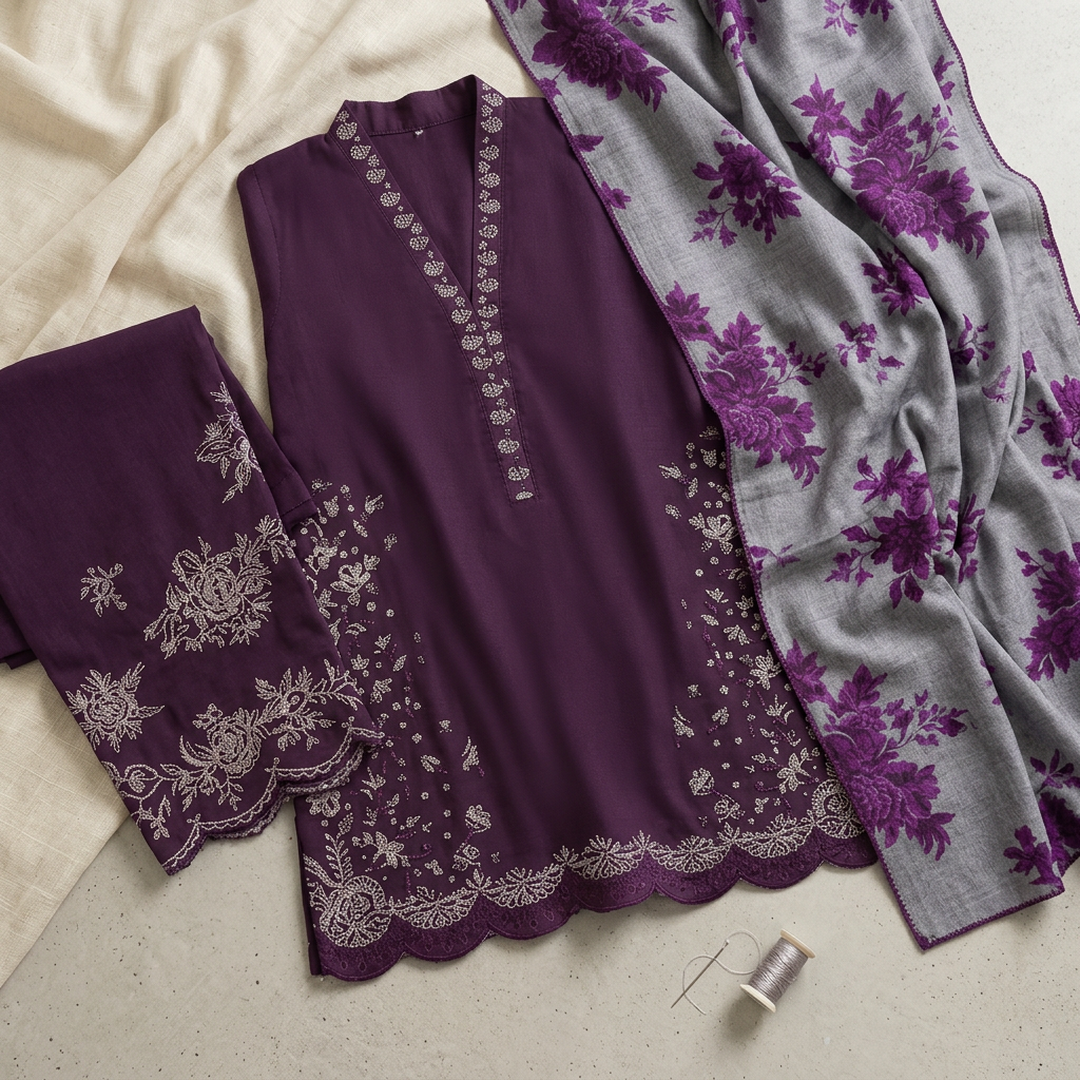 Purple Embroidered Lawn 3Pcs Set with Digital Print Dupatta