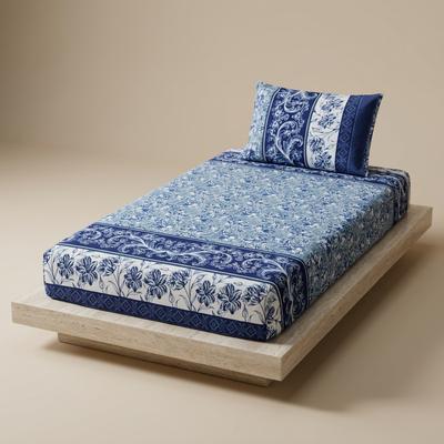 Premium Cotton Single Bedsheet Set Blue Floral Print
