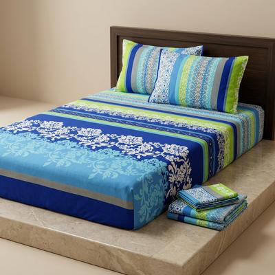 Cotton Printed Single Bedsheet Set 4 Pcs Blue Floral