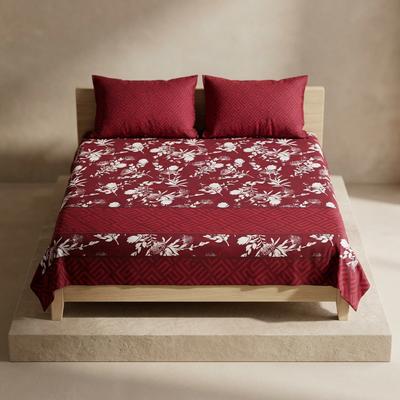 Double Bed Red Floral Frill Bedsheet Set Cotton Salonica