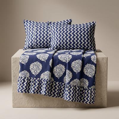 2-Side Frill Bedsheet Set Blue White Floral Zigzag Cotton