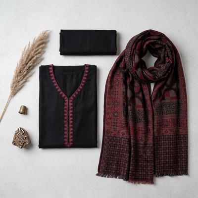 Black Embroidered Pashmina Suit for Pakistani Women