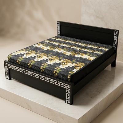 Premium Cotton Printed Double Bed Mattress Cover Black Gold Floral