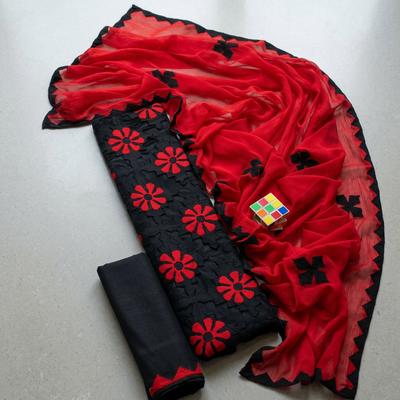3-Piece Lawn Suit Red Black Floral Applique