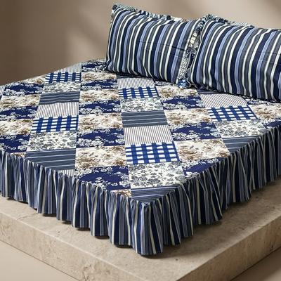 King Size Cotton Sylonica Frill Bedsheet Set Blue White Floral