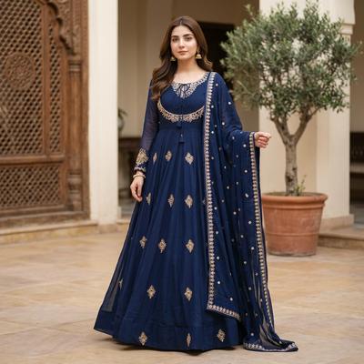 Chiffon Embroidered Maxi Set Blue 3 Piece Set