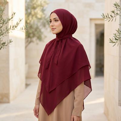 Luxurious Maroon Chiffon Hijab Set - 2 Pcs with Sleeves & Buttons thumbnail 1