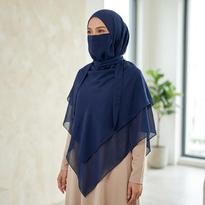Stylish Blue Chiffon Hijab Set - 2 Pcs with Sleeves & Buttons thumbnail 1