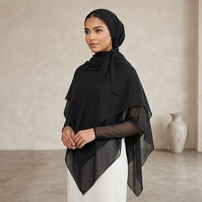 Stylish Black Chiffon Hijab Set – 2 Pcs with Sleeves & Buttons thumbnail 1