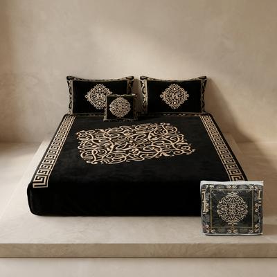 Luxury Velvet Jacquard Double Bedsheet Set Black Beige Embroidery