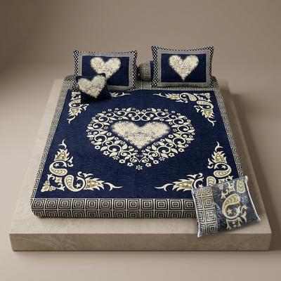 Navy Blue Heart Embroidered 4-Piece Bedsheet Set