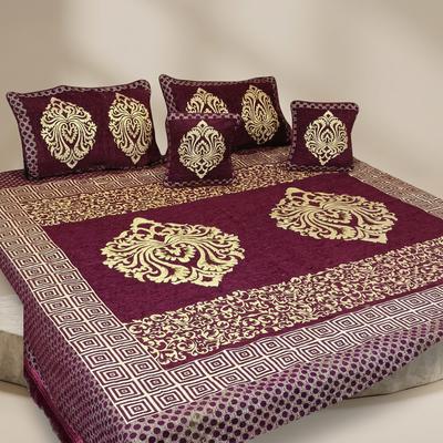 Double Bedsheet Set Velvet Jacquard Gold Embroidered Burgundy