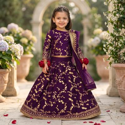 Purple Raw Silk 3-Piece Set for Girls 1-12