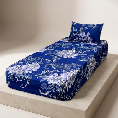 Crystal Cotton Single Bedsheet Set Royal Blue Floral Print