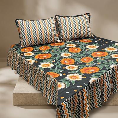 Cotton Salonica Frill Bedsheet Set Black Orange Floral Double