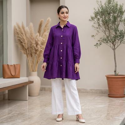 Purple Linen Shirt & White Trouser Set for Women