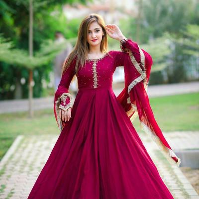 Maroon Embroidered Chiffon Maxi Suit for Women with Lace Dupatta