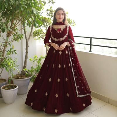 Neck Sleeve Embroidered Maxi 3Pcs With Dupatta