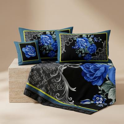 4Pcs 3D Crystal Cotton Blue Floral Bedsheet Set