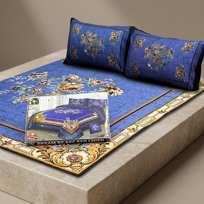Royal Blue Crystal Cotton Double Bedsheet Set with Golden Floral Print