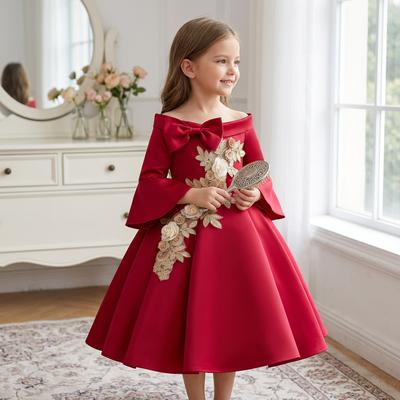 Girls Off-Shoulder Floral Party Dress Red Green Pink Beige