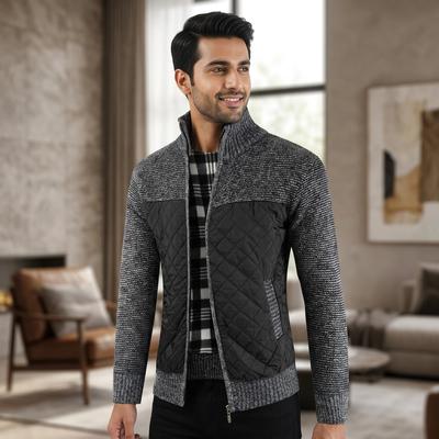 Men Quilted Knit Jacket Gray Black Casual Warm