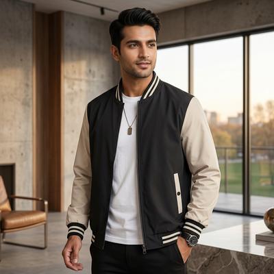 Men's Black & Beige Baseball Jacket Autumn Long Sleeve Zipper