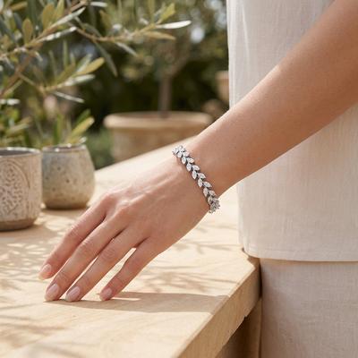 Zircon Rice Bracelet for Women, Silver, Wicker Leaf Design