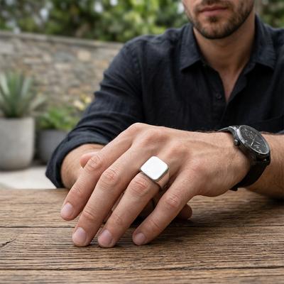 Men Titanium Steel Square Ring Silver Gloss Daily Wear