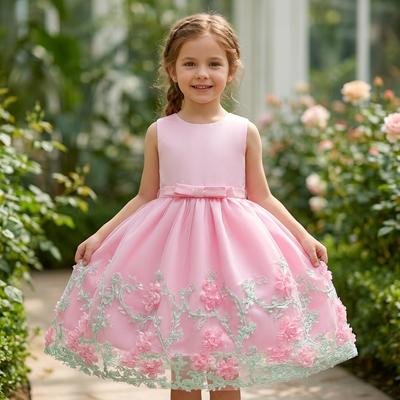 Pink Princess Dress for Girls with Floral Embroidery