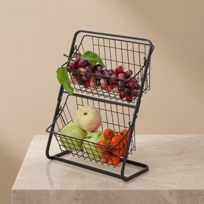 Two Layer Fruit Basket Black Metal Kitchen Organizer
