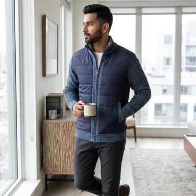 Men's Velvet Padded Cardigan Jacket Blue Winter Warm Knit