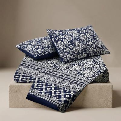 Crystal Cotton Double Bedsheet Set Blue Floral Geometric Pattern