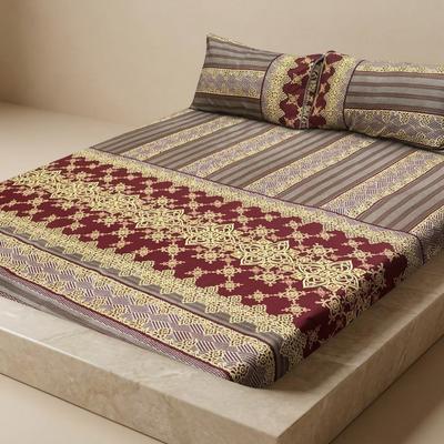 Crystal Cotton Double Bedsheet Set Burgundy Gold Print