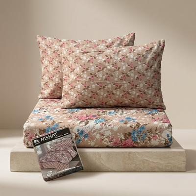 100% Pure Cotton Floral Bedsheet Set Brown Pink Blue