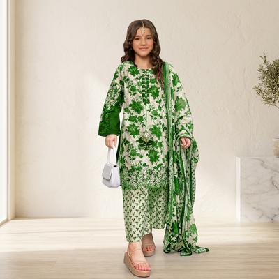 Green Floral Arabic Lawn 3-Piece Girl Suit