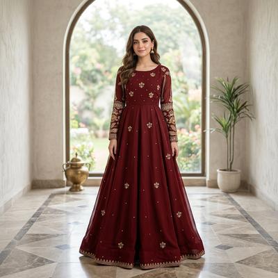 Maroon Chiffon Embroidered Maxi Set for Eid Weddings