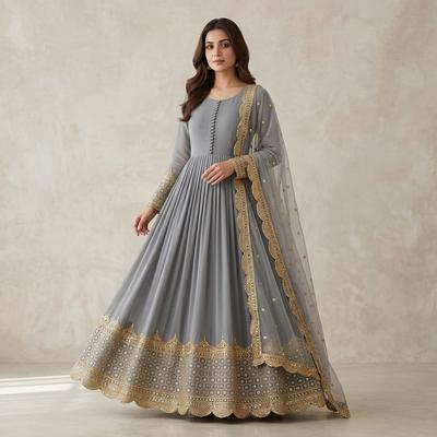 Grey Sequin Embroidered Maxi Set 3pcs with Chiffon Dupatta