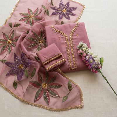 Pink Organza 2-Piece Wedding Suit with Zari Beads Dupatta