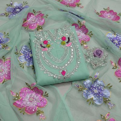 Women Organza Mirror Work Suit Green 2 Pcs with Dupatta