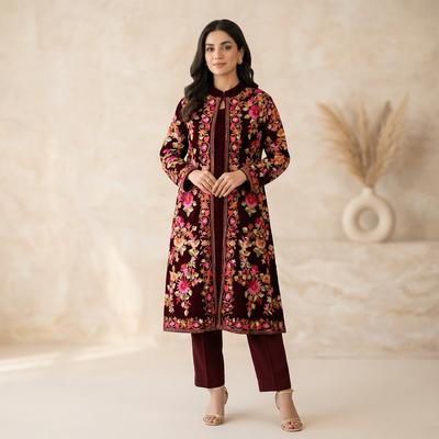 Maroon Embroidered Shamoz Silk Gown Set for Women