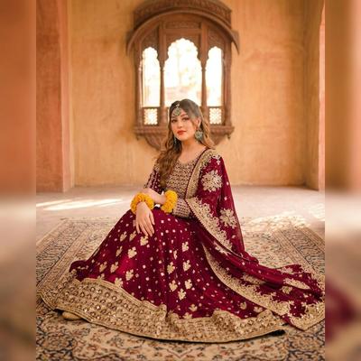 Maroon Chiffon Embroidered 3Pcs Maxi Set for Eid Party Wear